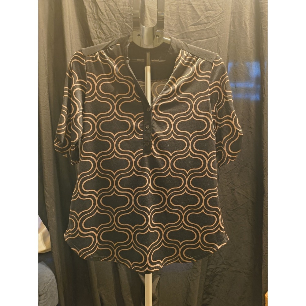 Perception Concept Large Henley Blouse Black And Tan Pattern L